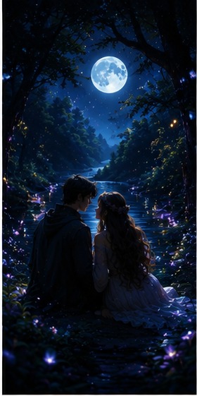 Amoro and Amoura seated beside a moonlit river