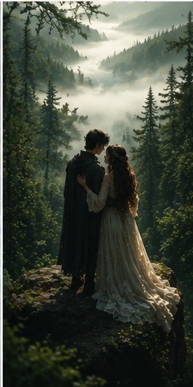 Amoro and Amoura embracing on a misty mountain overlook